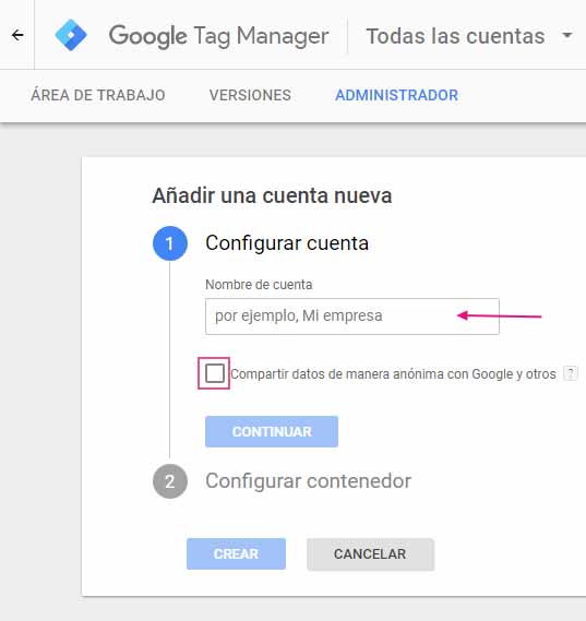 Agregar cuenta Google Tag Manager